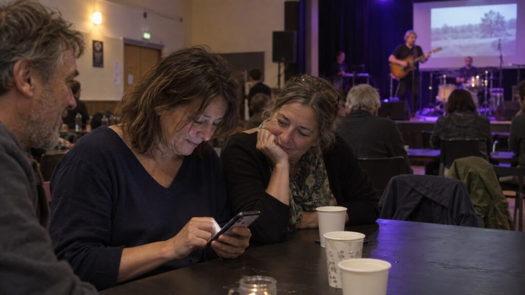 Illustration : des amis rédigent une dédicace sur smartphone pendant un concert