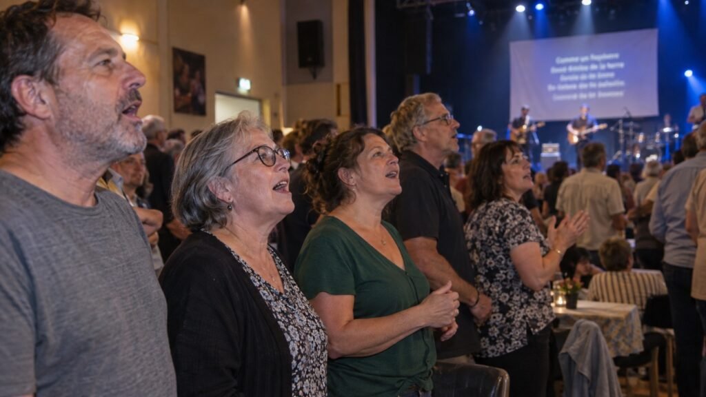 Illustration : Des spectateurs chantent ensemble